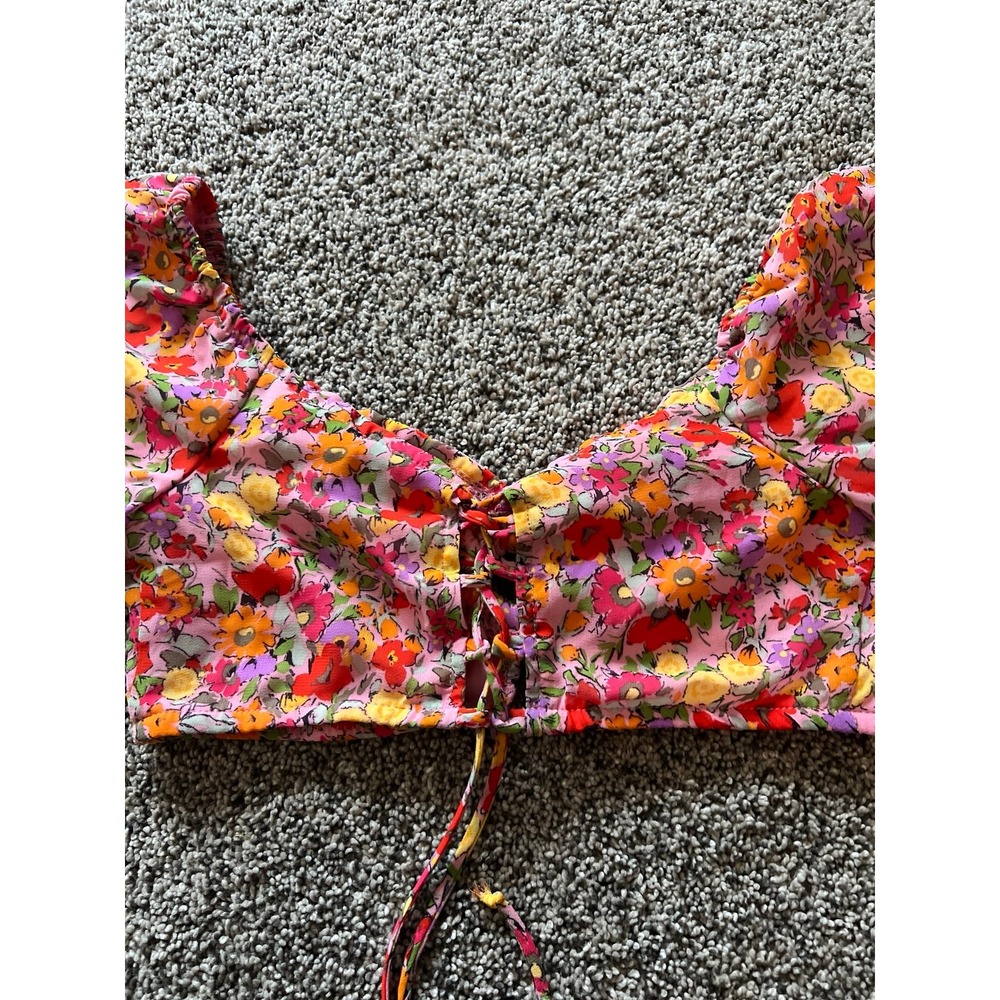 Wild Fable Puff Sleeve Keyhole Lace up Back pink Floral Bra Crop Top Size Medium - Picture 7 of 10